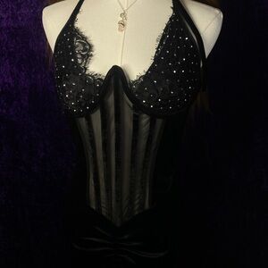 Backless Lace Corset Dress with Rhinestones